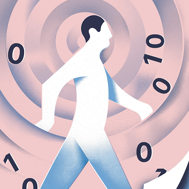 An illustration of a man walking in front of a spiral.