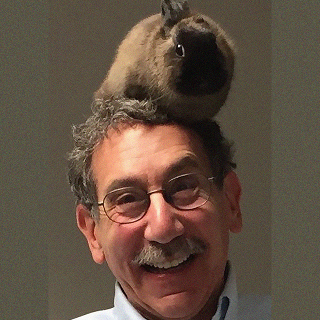 Portrait of Andrew Lees with a big smile on his face. He has a rabbit balanced on the top of his head.