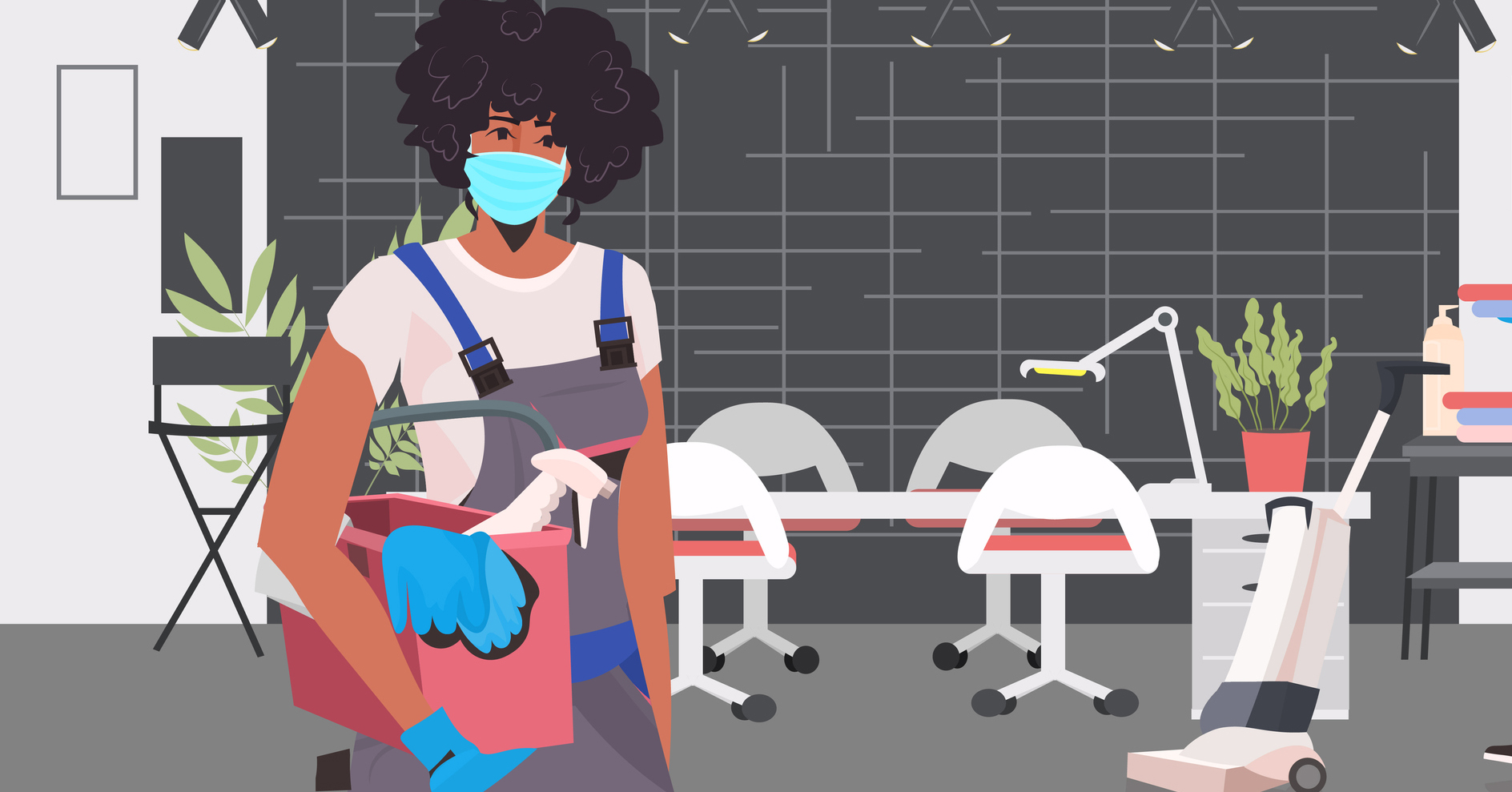 Illustration of environmental care supervisor preparing to clean an area of the hospital.