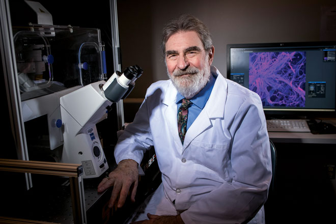 Gerard Lutty with a microscope in his lab