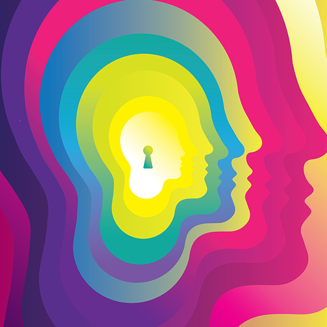 Illustration of simplified head profiles that repeat and get smaller leading to a keyhole shape in the center.