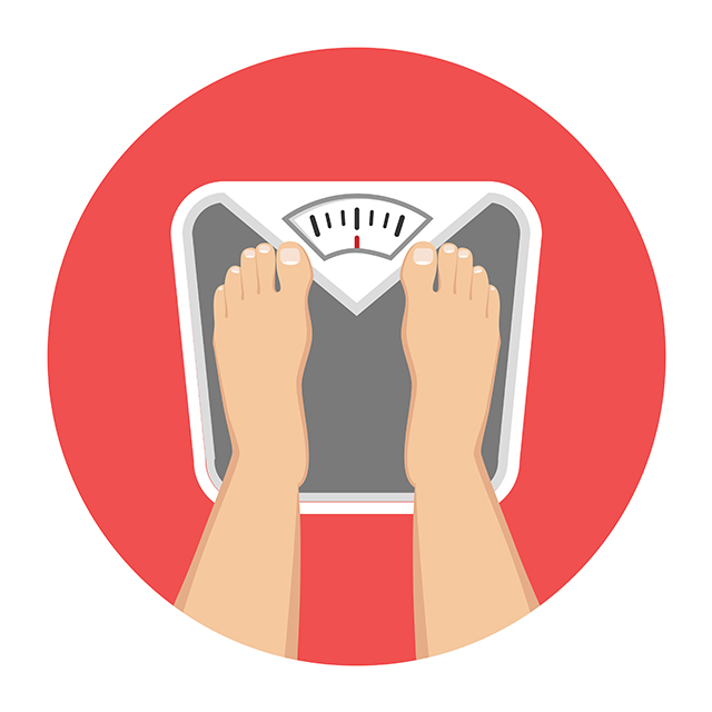Illustration of two feet and legs on scale, from perspective of figurative person being weighed. 