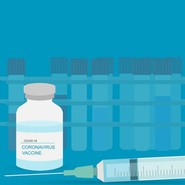 An illustration of COVID-19 vaccines. A tray of blue test tubes sits behind a white vial labeled COVID-19 coronavirus vaccine and a vaccination needle with a green tip all against a blue background. 
