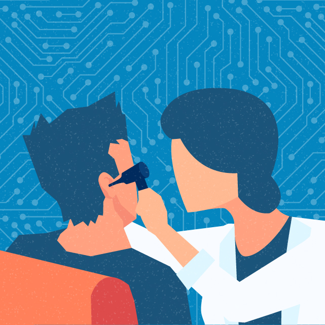 An illustration shows a person using an otoscope to look into an ear. 