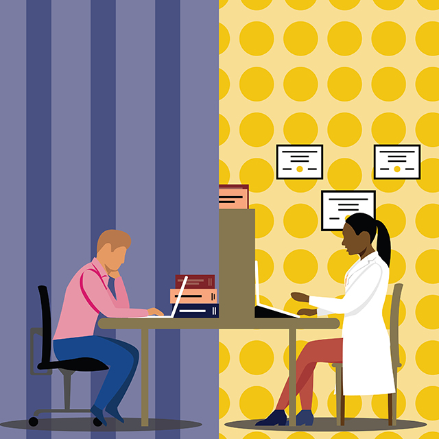 Illustration of a female doctor on a video call with a male medical student.