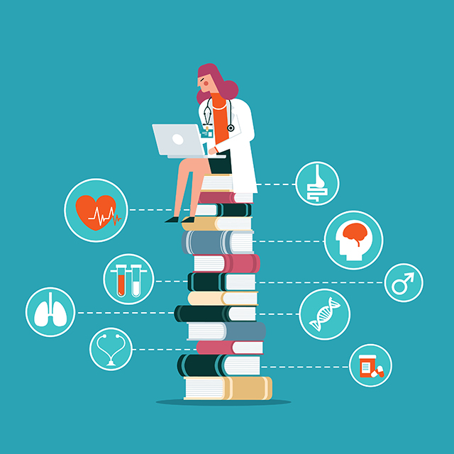 Illustration of a woman with her laptop sitting on a pile of books