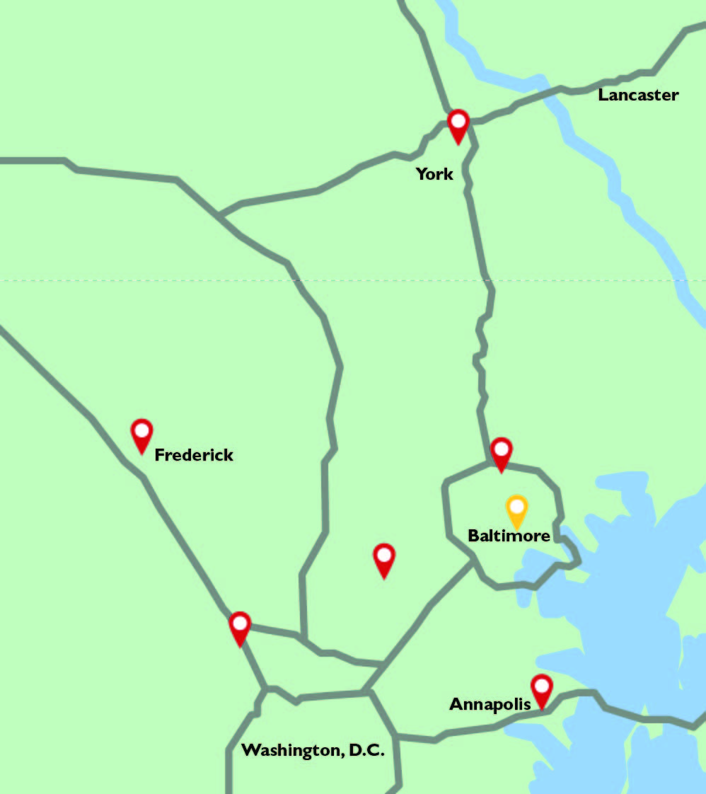 A green map of Maryland, Washington, D.C., and southern Pennsylvania shows red pins in areas that will have Johns Hopkins pediatric surgery care.