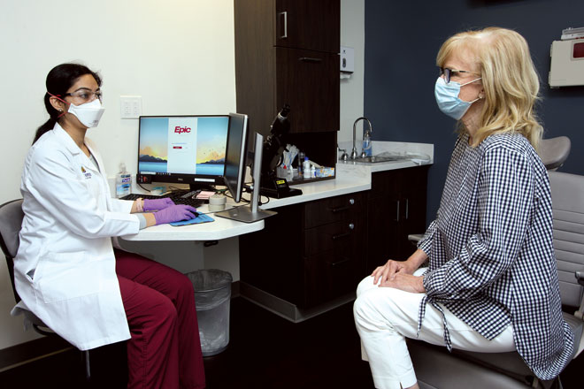 A patient exam at the Wilmer Eye Institute during the COVID-19 pandemic