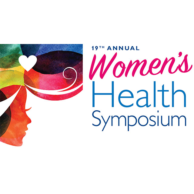 flyer for the health symposium, featuring a stylized profile of a woman with flowing red hair