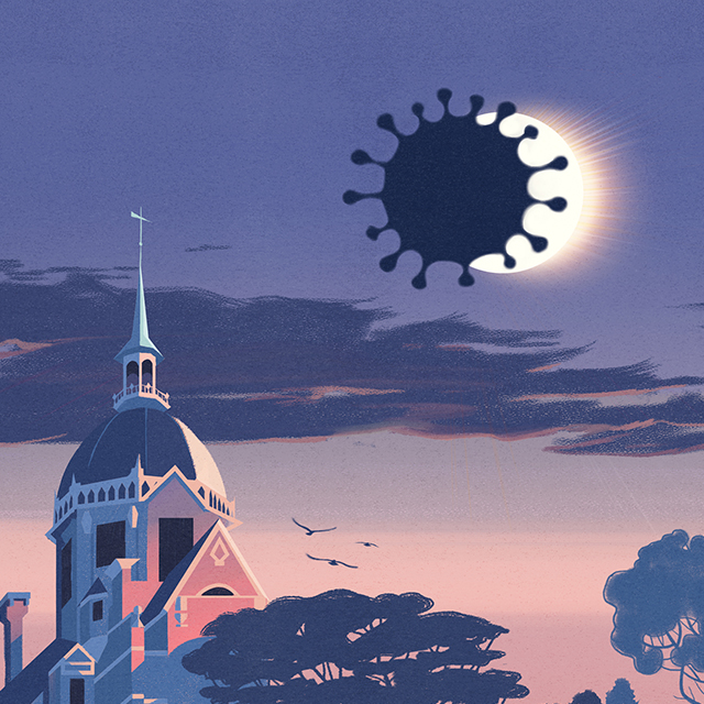 An illustration showing the Hopkins Dome lit in a pink glow, as an eclipse that’s shaped like a coronavirus passes over the sun. 