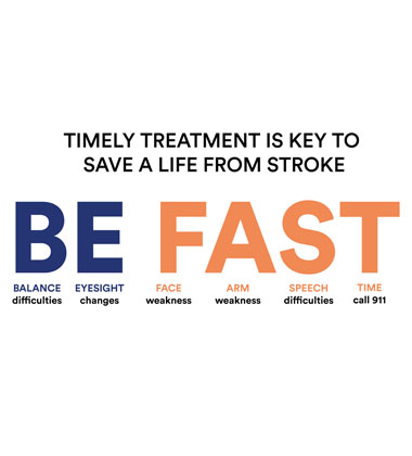 graphic that says timely treatment is key for strokes, and listing symptoms as balance and speech difficulties, eyesight changes, weakness in face or arms.