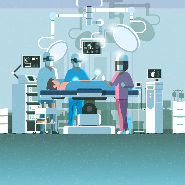 An illustration represents surgeons using augmented reality technology.  