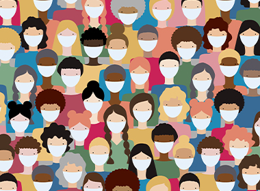 Colorful illustration of diverse patient population, all wearing masks