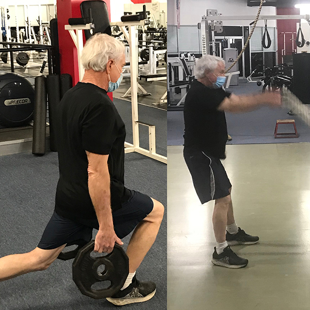 James Owings shown in two panels, doing a lunge and swinging ropes in a gym, while wearing shorts, a t-shirt and a mask.