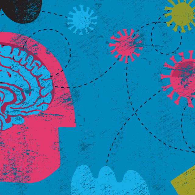 Colorful, abstract illustration shows human head interacting with coronavirus' crown-shaped structure. 