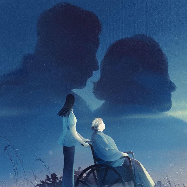 Illustration of a women pushing an elderly woman in a wheelchair through a field of grass. She is looking out at clouds in the shape of a man and woman.