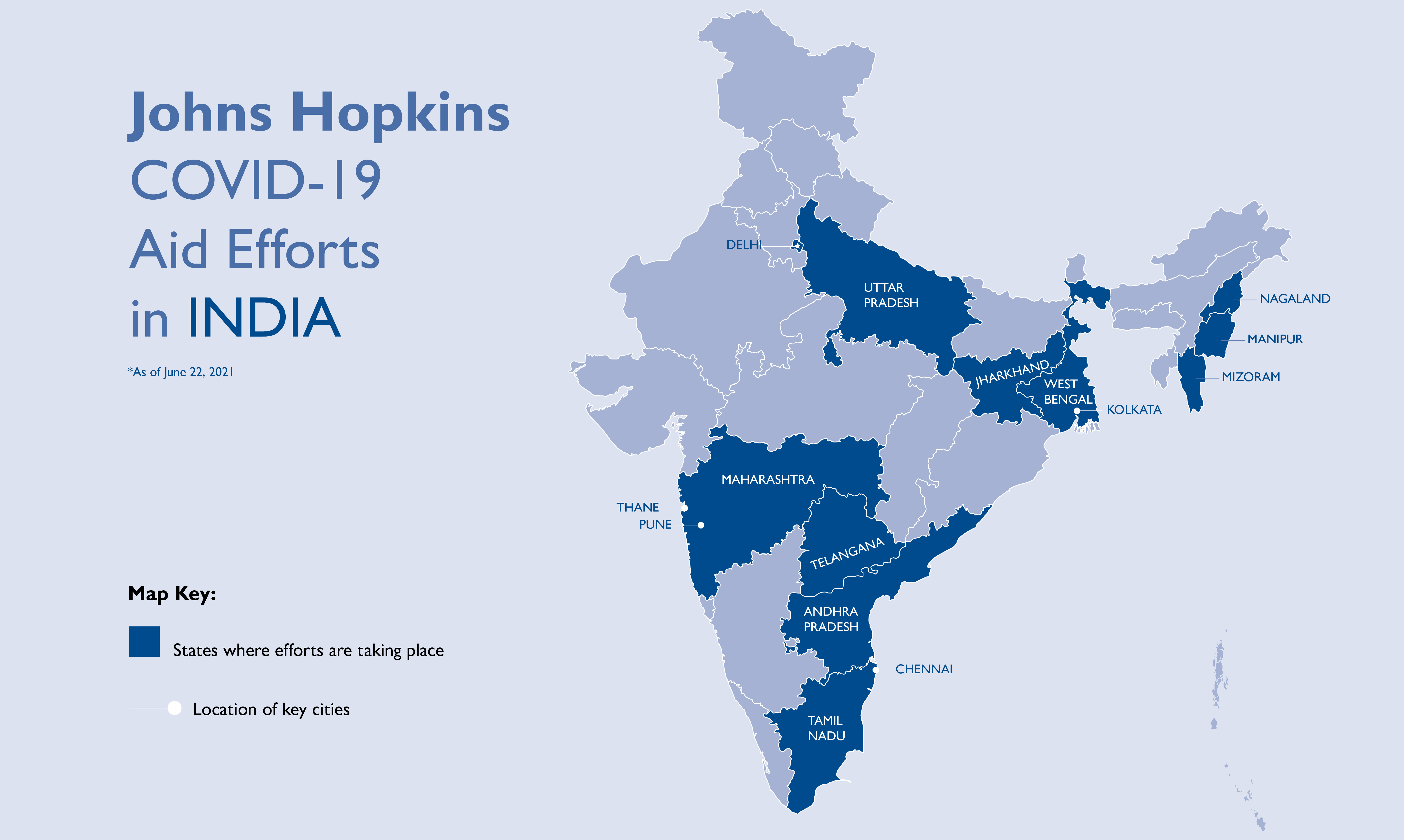 A map of India highlights areas where Johns Hopkins is helping with COVID relief efforts.