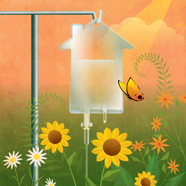 Illustration showing IV bag in the shape of a house
