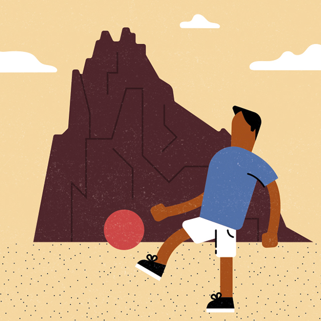 Illustration of a soccer player dribbling a ball in front of a mountain face. 