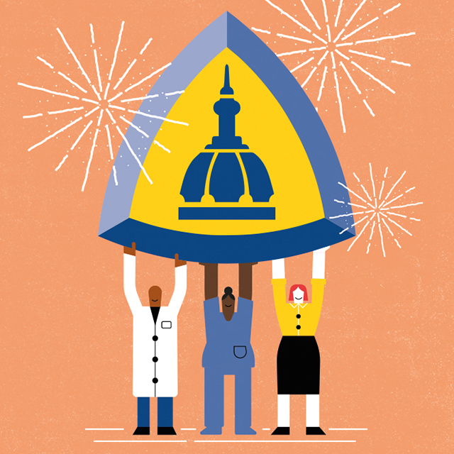 Illustration of three hospital employees holding up the Johns Hopkins Medicine logo.