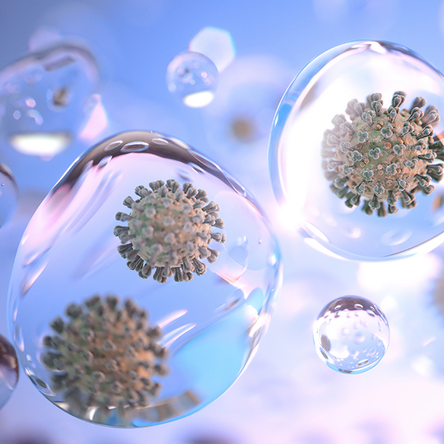 Image of a COVID germ floating in a bubble.