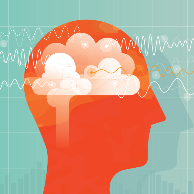 An illustration of brain waves shows the sideview of a person’s head in orange on a green background with various wave forms places over the head and brain