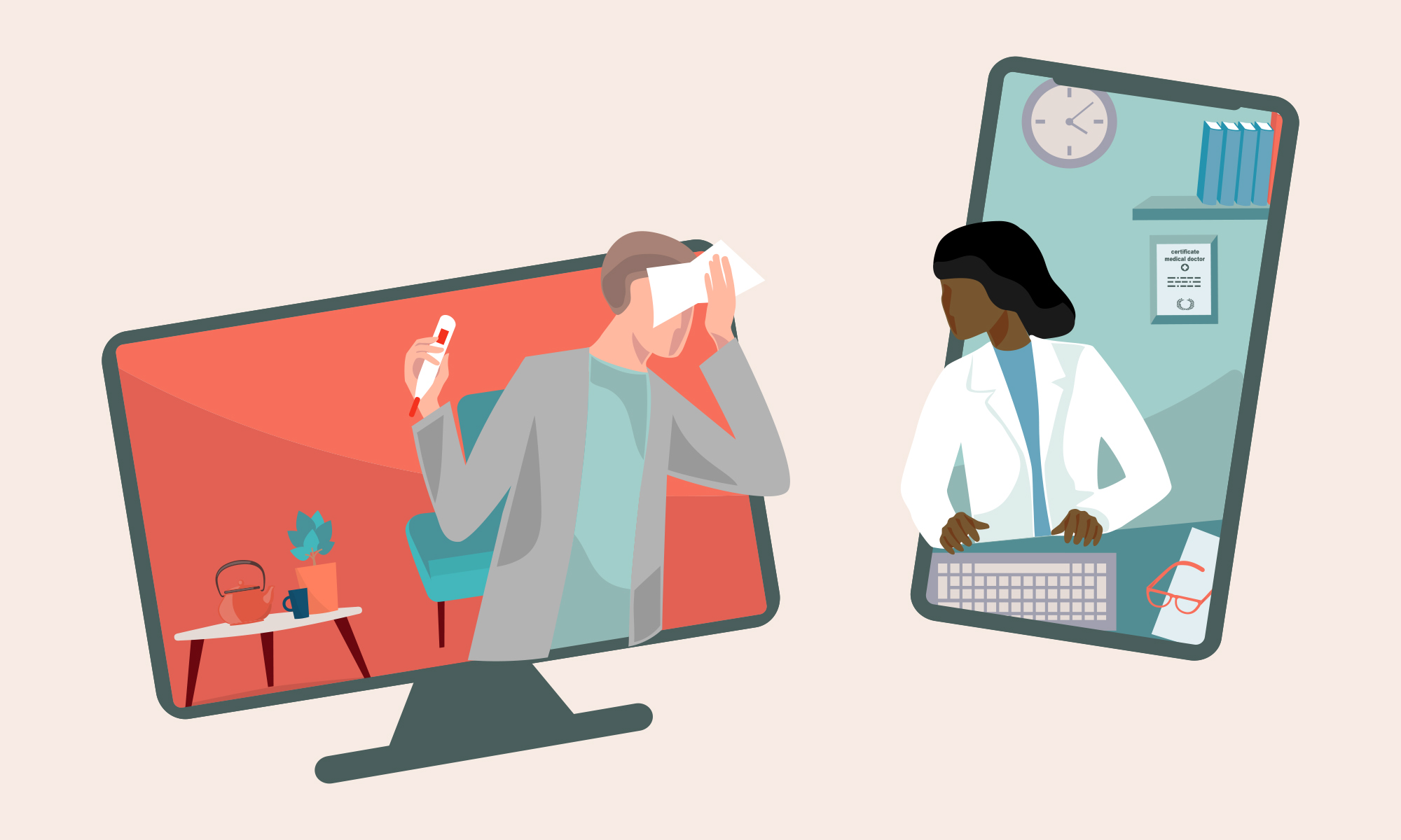 An illustration of a patient speaking to a doctor. The patient is poking out from a computer screen while the doctor is poking out from a phone. 