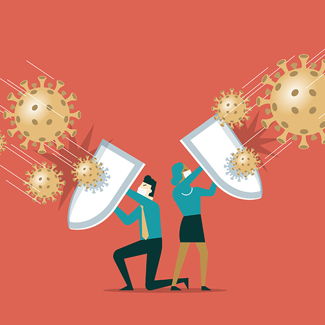 An illustration of two doctors holding shields while blocking incoming Covid germs.