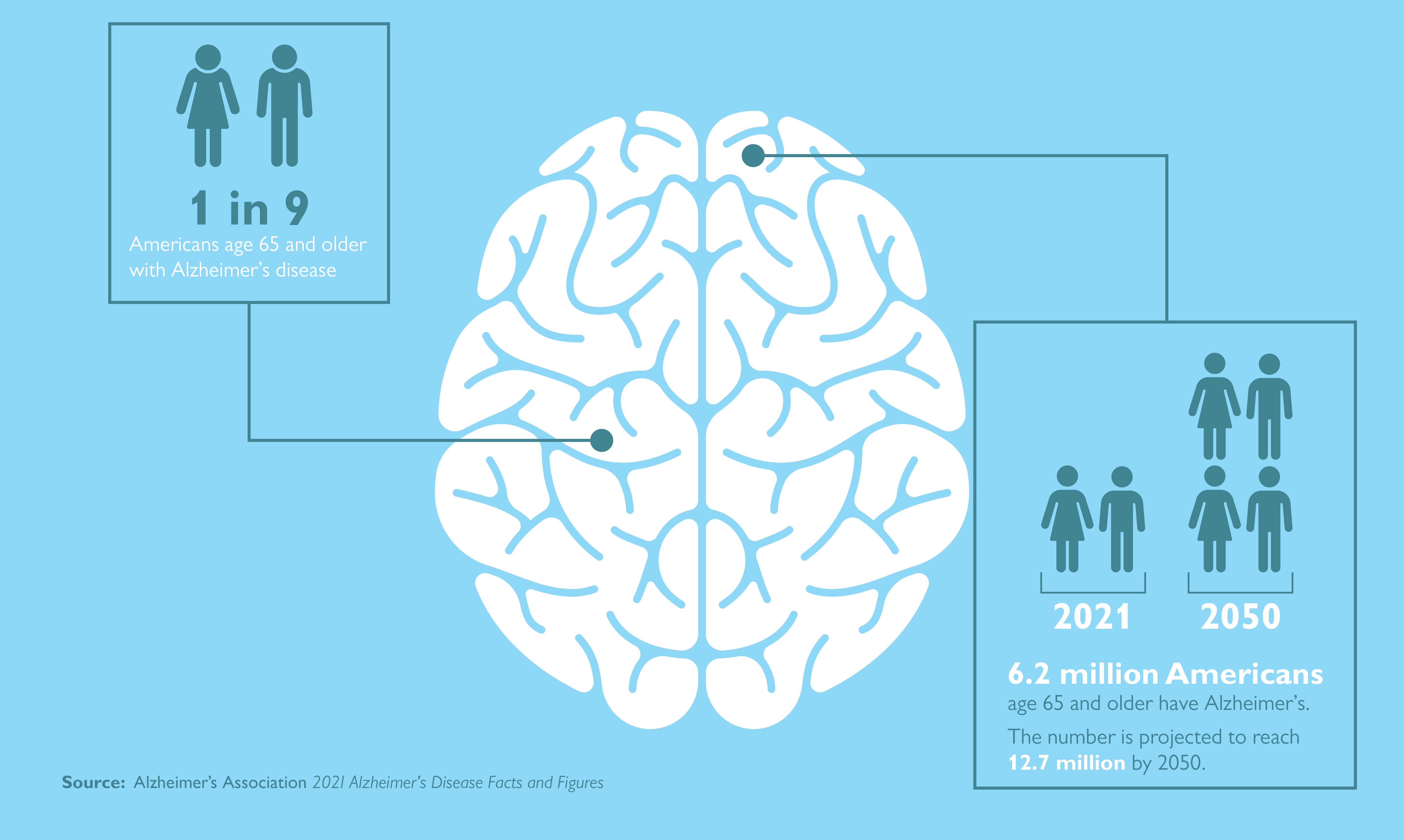 Infographic of a brain and alzheimers facts. Left side: 1 in 9 Americans age 65 and older has Alzheimer’s disease.Right side: 6.2 million Americans age 65 and older have Alzheimer’s. The number is projected to reach 12.7 million by 2050.