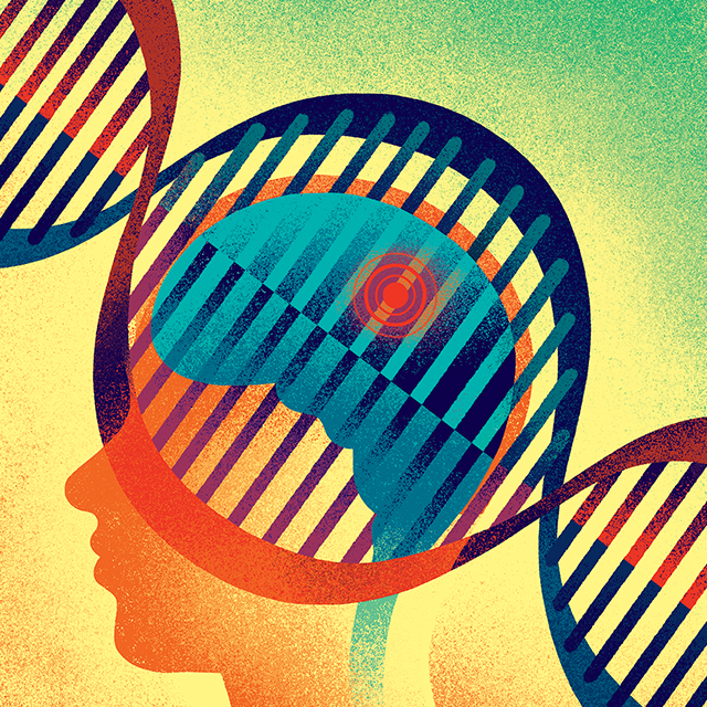 An illustration of a head and brain overlapped by a strand of DNA.