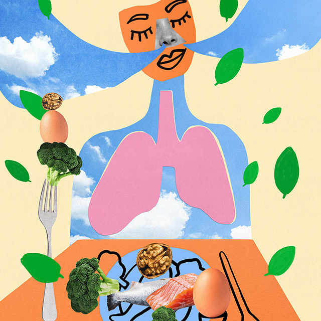 Illustration of a woman breathing in while a plate of food sits in front of her. 