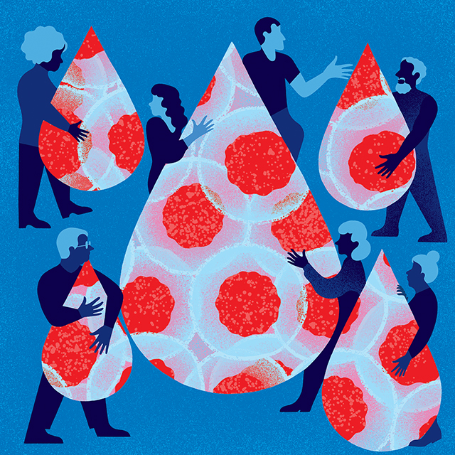 Illustration of a group of people holding water drops filled with germs.