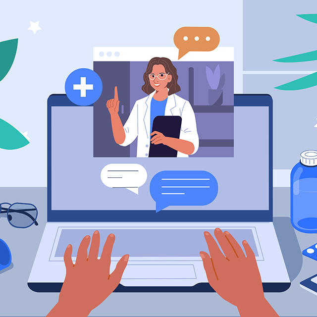 An Illustration of a doctor on a laptop. Surrounding the laptop are medicines and other objects to help the sick patient 