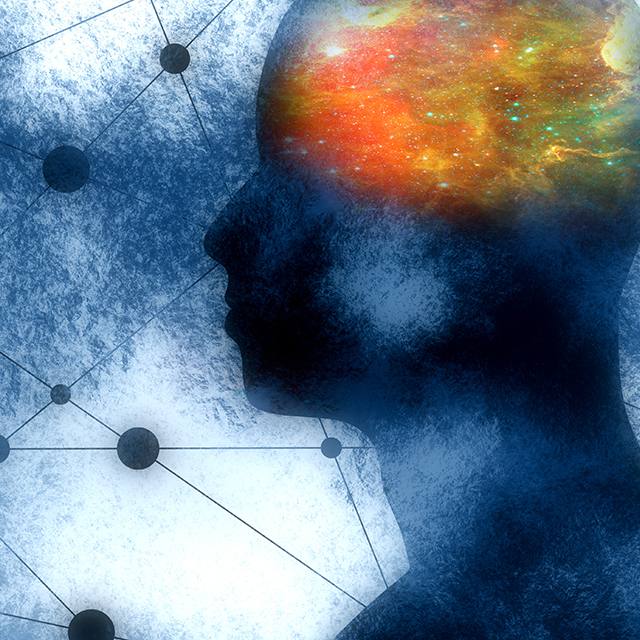 Illustration of a head. Inside the head is a rainbow colored smoke filled brain.