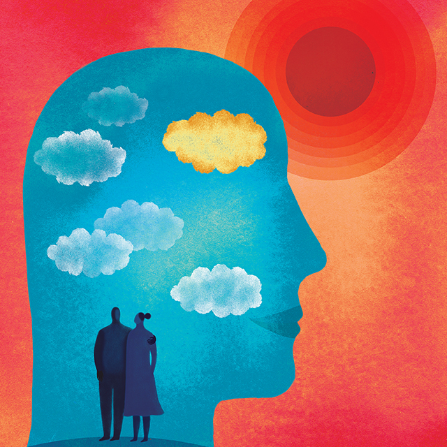 An illustration of a head. Inside the head is a couple standing arm in arm, watching a sunrise.