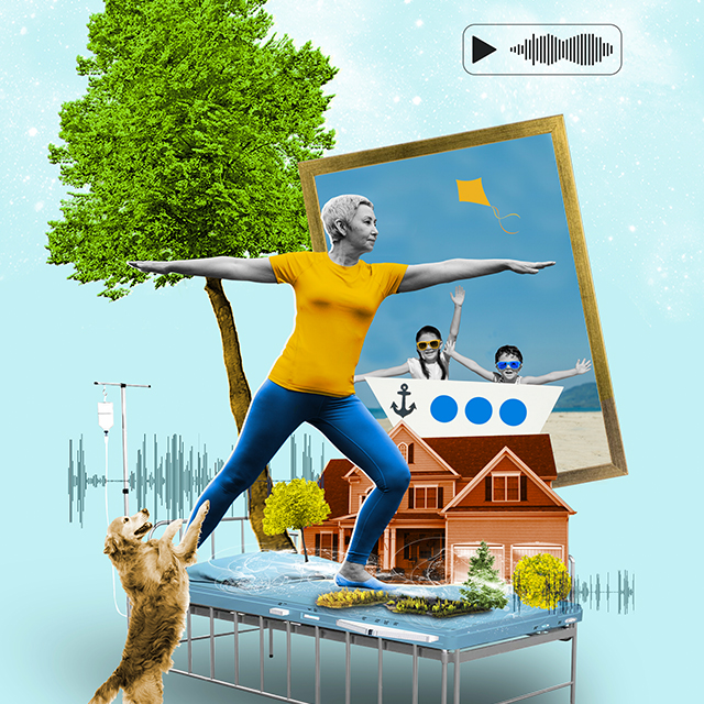Composite image of a women doing yoga on a bed, a dog, a house and kids in a pool.