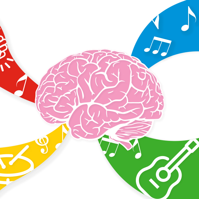An illustration of a brain, pink in color, at the center on a white background with red, blue, green and yellow waves with music graphics flowing into the brain
