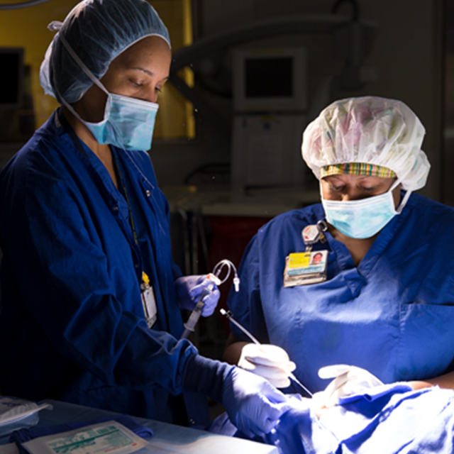 Two anesthesia technologists working in an operating room wearing blue scrubs, surgical caps and masks