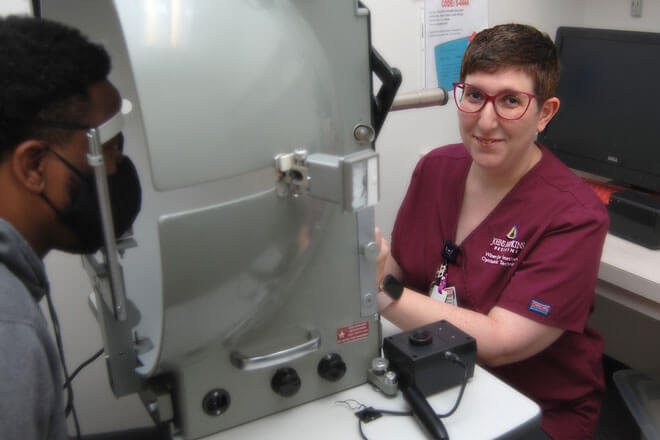 heather connors, a nurse at wilmer eye institute, does her job