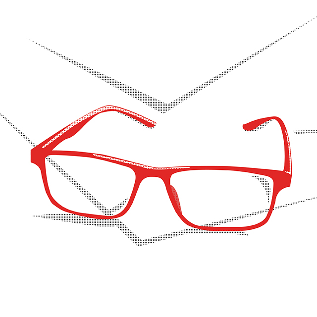 An illustration of red glasses sitting on a stack of papers.