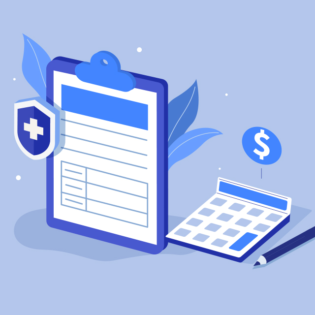 An illustration of a clip board with an insurance application sits next to a calculator and a pencil.