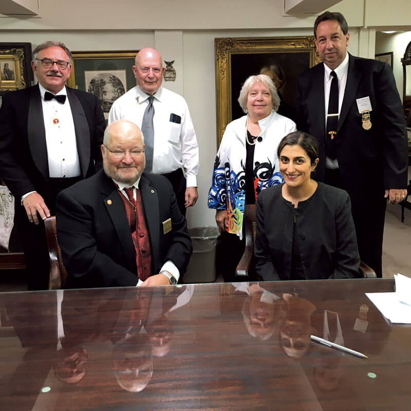Standing, from left: Sovereign Grand Treasurer Harrell Ward Jr., Sovereign Grand Secretary Terry Barrett, I.A.R.A. President Kathleen Richen and Sovereign Grand Master Charles Lusk Seated, from left: Chairman of the Foundation Mark Ulrich and Fatemeh Rajaii