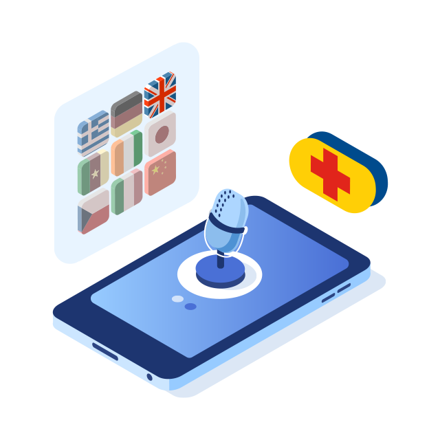 An illustration of a phone with a microphone on it. Next to it are a series of country flags.