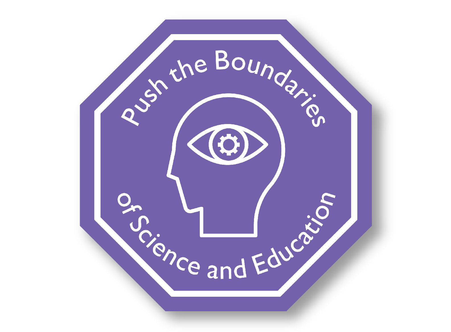 A purple octagon with a sketch of an eye inside a profile of a head, and the words: Push the Boundaries of Science and Education