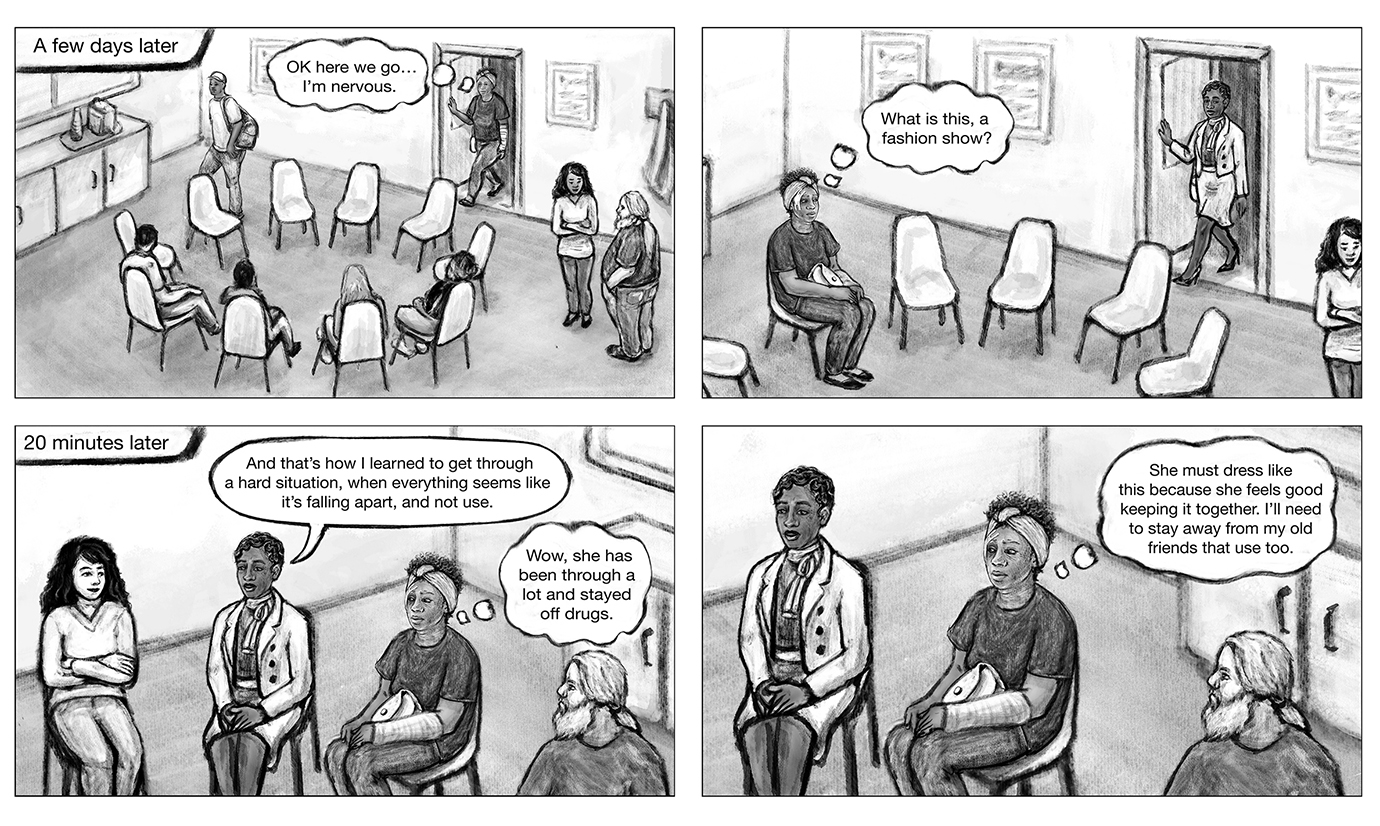 Lydia Gregg, associate professor of Art as Applied to Medicine, uses her graphic arts skills to create stories about people with opioid use disorder for an app that clinicians and peer mentors can use with patients.