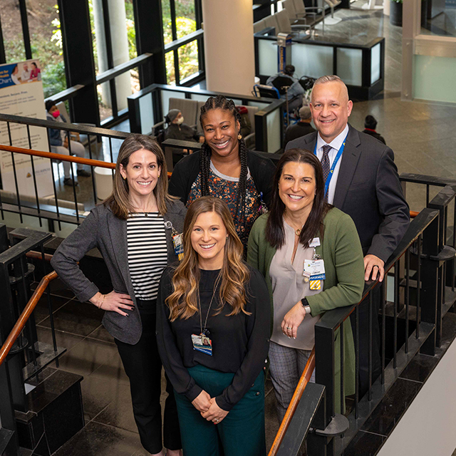 Johns Hopkins Hospital nurses in Ambulatory Services created a committee to promote well-being in their department.  From L-R: Aly Stolba, Natasha Hilton, Scott Goff, Kylee Gerohristodoulos and Michelle Petinga.