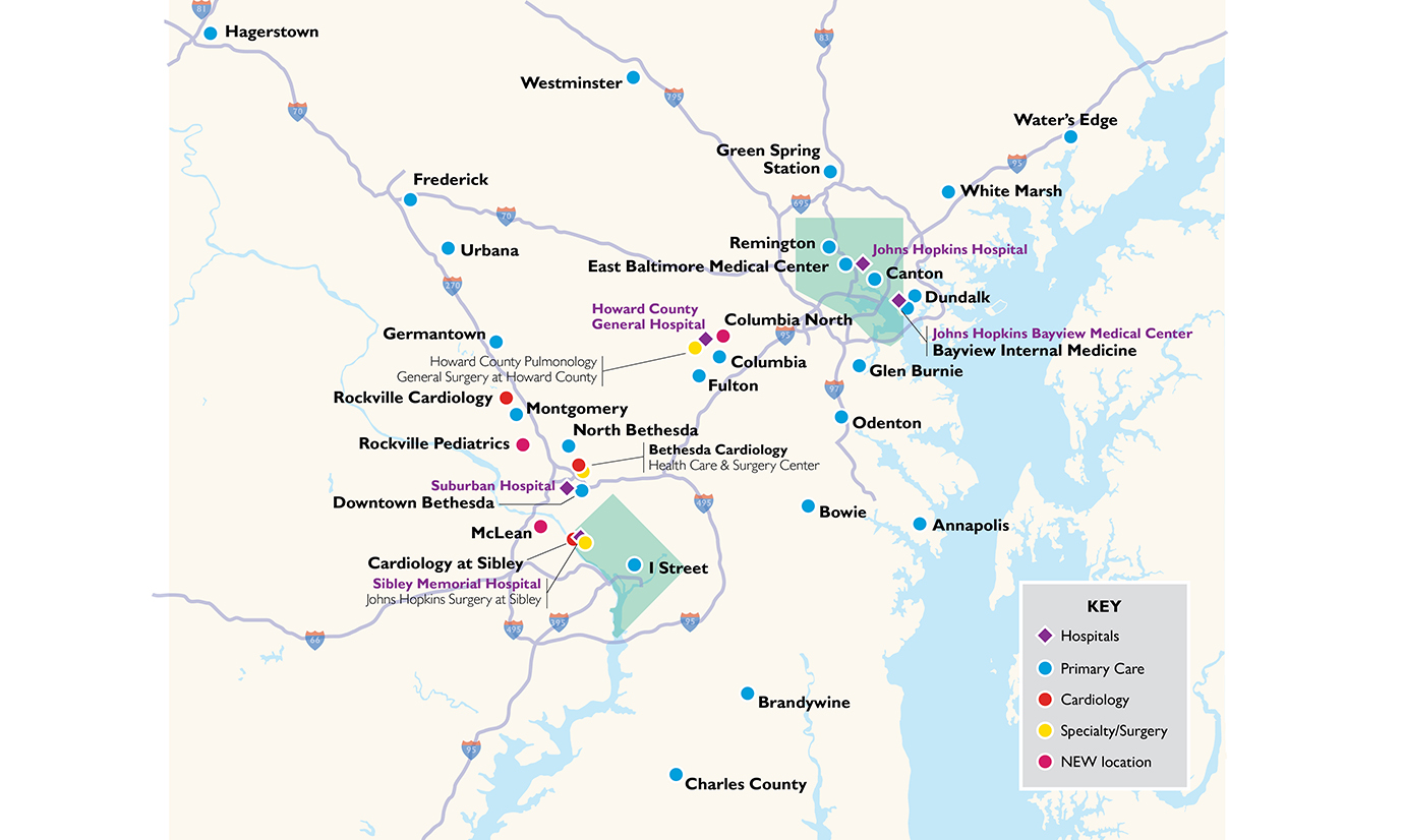 A map of JHCP practices with colored dots indicating which locations are hospitals, primary care, cardiology, specialty or surgery offices and new locations.