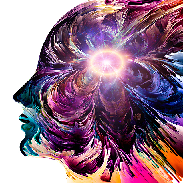 An illustration of a face with painted swirls making up its features.