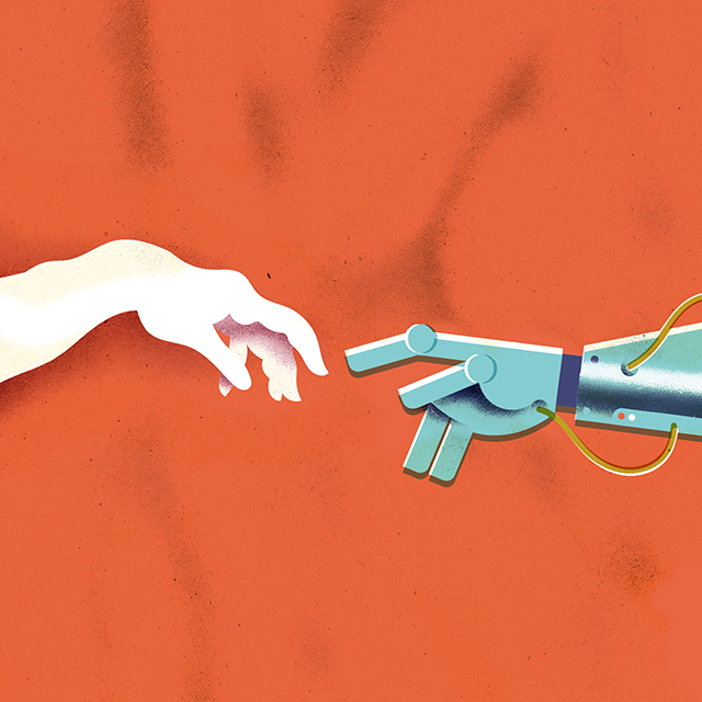 Paying homage to the Sistine Chapel painting, "The Creation of Adam," a human hand and a robot hand are close to touching.