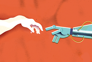 Paying homage to the Sistine Chapel painting, "The Creation of Adam," a human hand and a robot hand are close to touching.